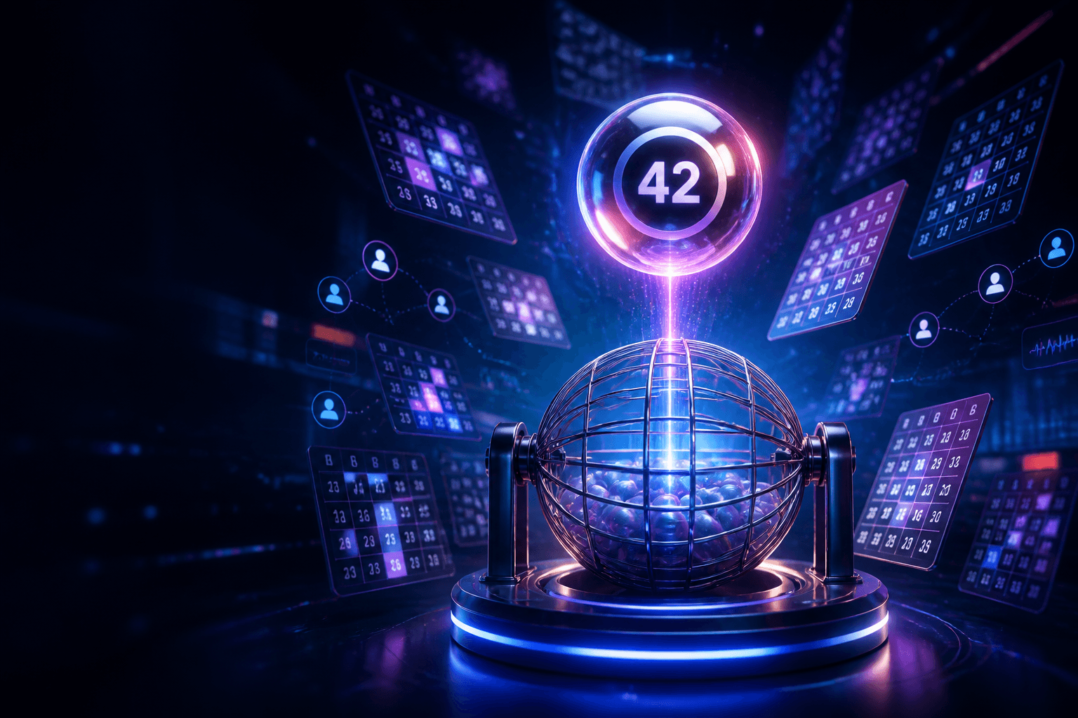 Balotera digital rodeada de cartones de bingo conectados en tiempo real