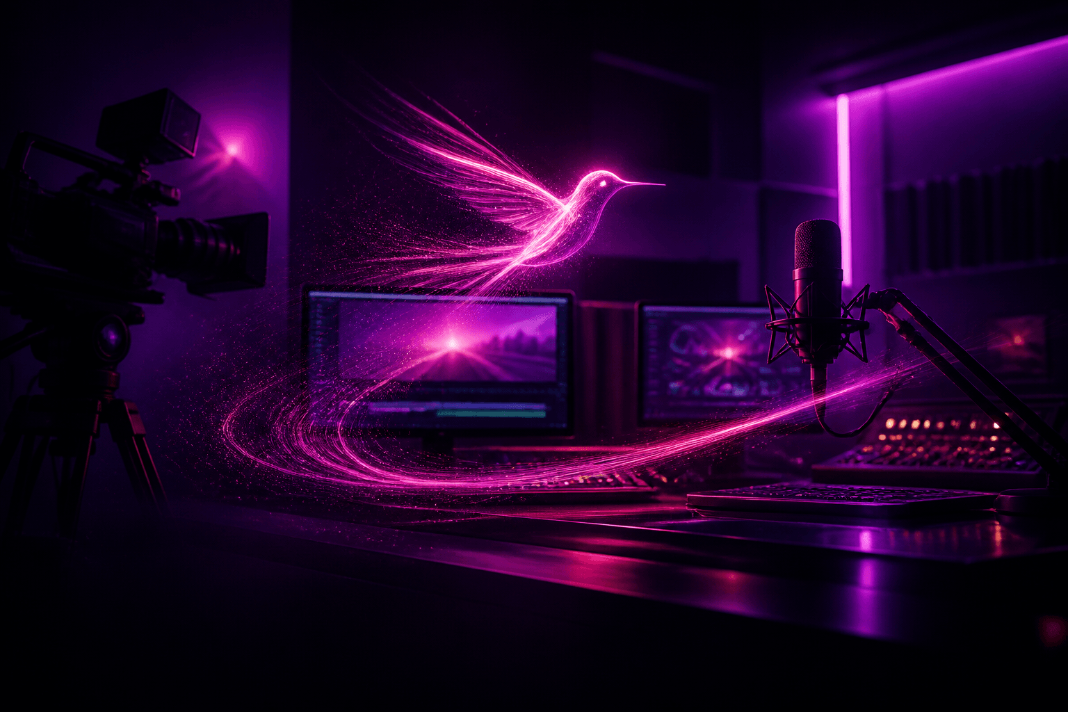 Estudio multimedia con un colibrí formado por luz magenta