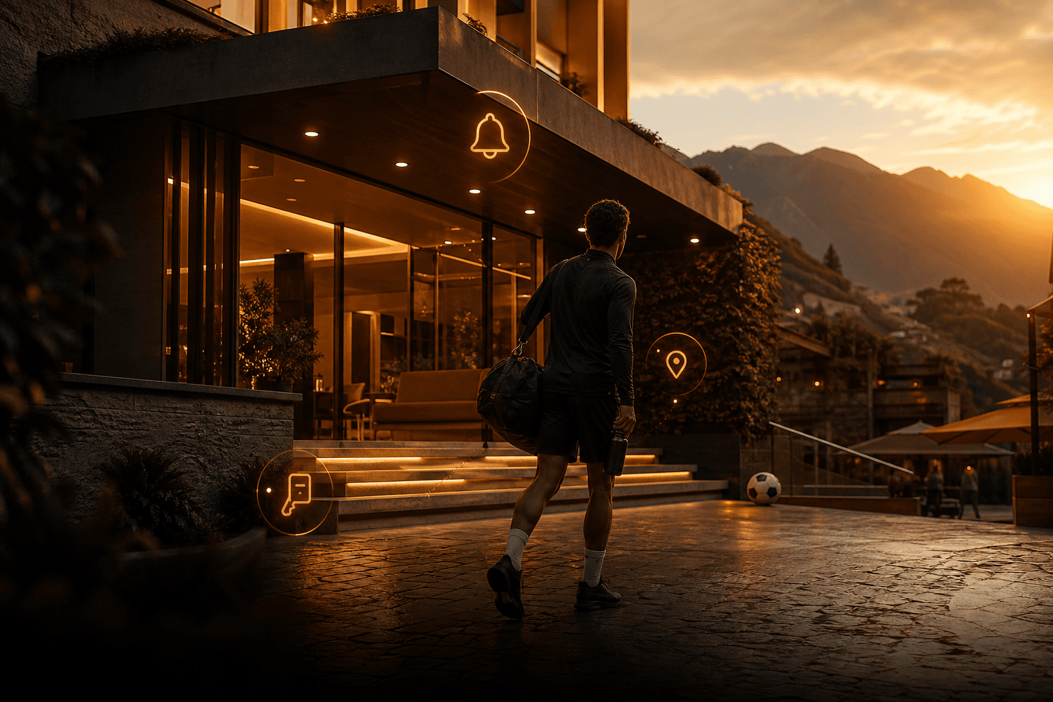 Hotel deportivo de montaña iluminado con tonos cálidos