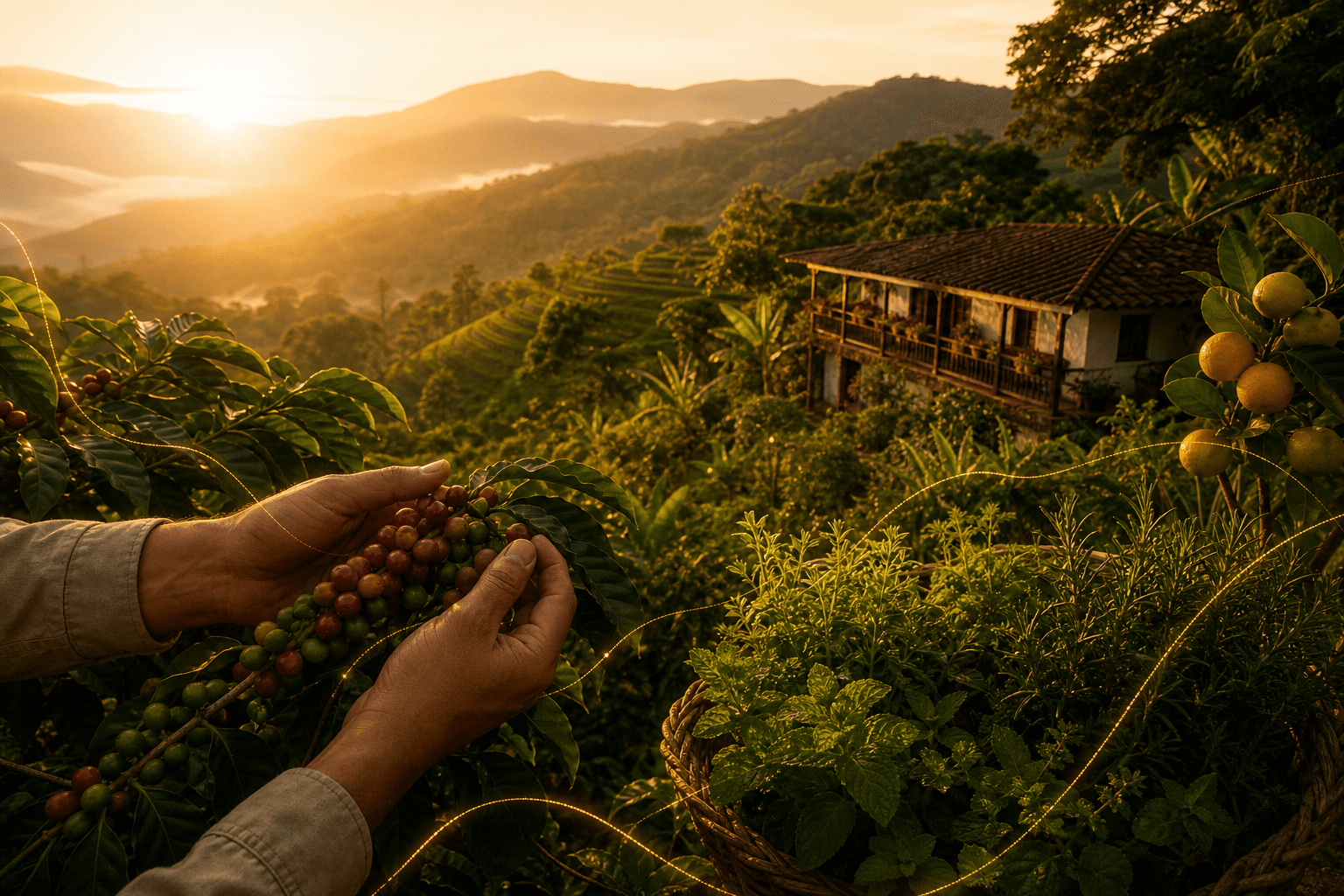 Finca de montaña con café, plantas aromáticas y cultivos al amanecer